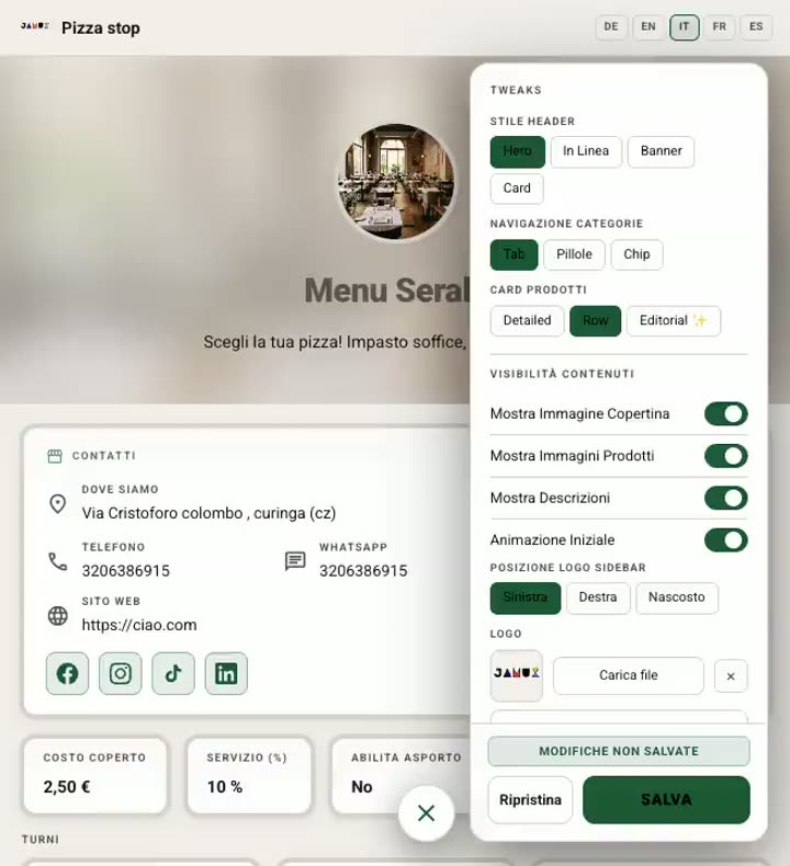Personalizzazione interattiva del menu con anteprima live su JamuX